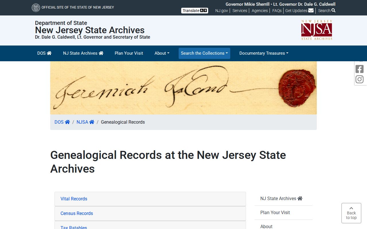 Hudson County previous residents State Archives genealogical collections search page