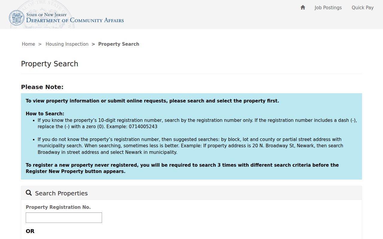 Hudson County ZIP code directory property-registration search fields